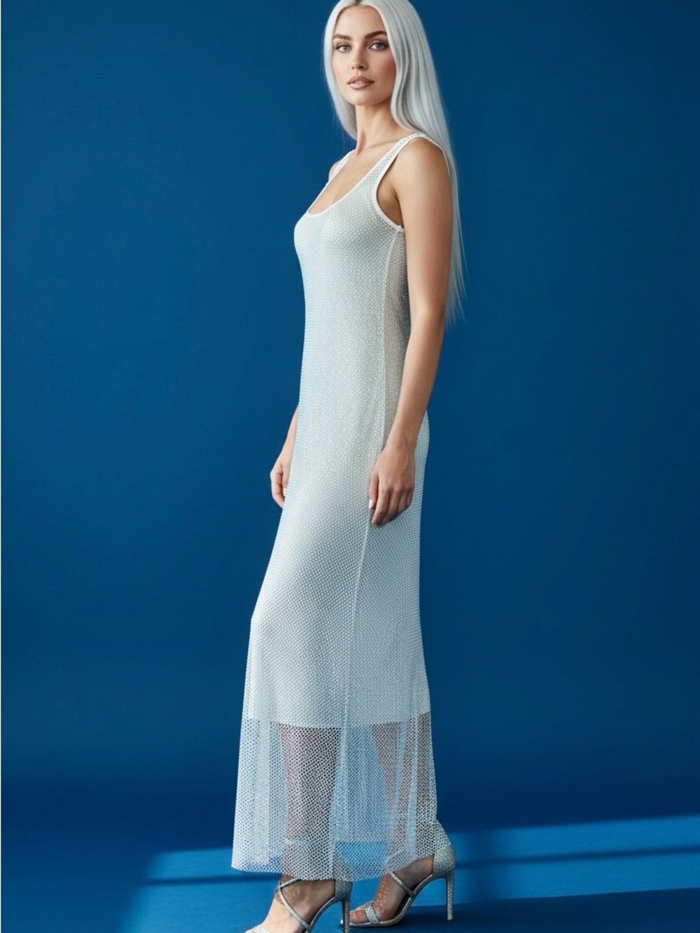Y2K White Rhinestone Mesh Net Sheer Dress | Fairycore Rave | M - Picture 3 of 16